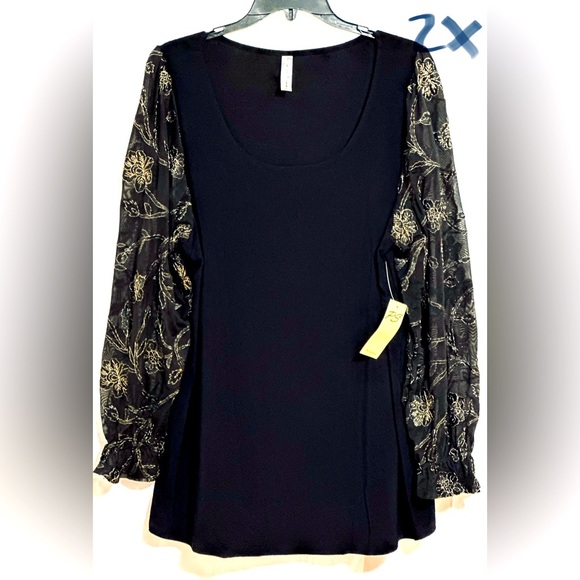 Perseption Tops - LADIES BLACK TOP WITH SHEER BLACK & GOLD SLEEVES